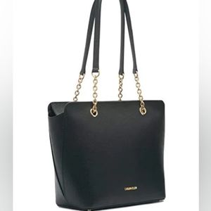 Calvin Klein Hailey Tote Shoulder-Bag Pebbled Leather Black Gold Top Zip Chain